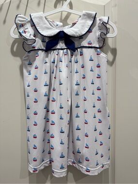 Smockingbird White Sailboat-Print Girls' Casual Dress with Navy Bow